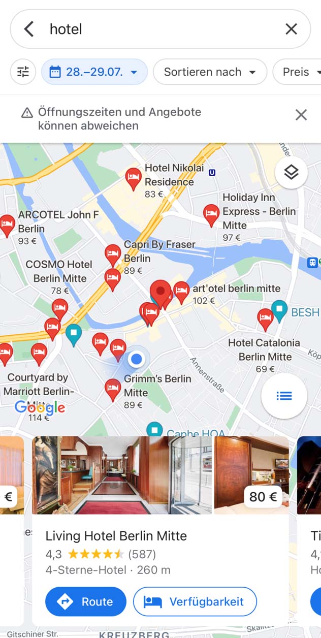 Results for a hotel on a mobile device.