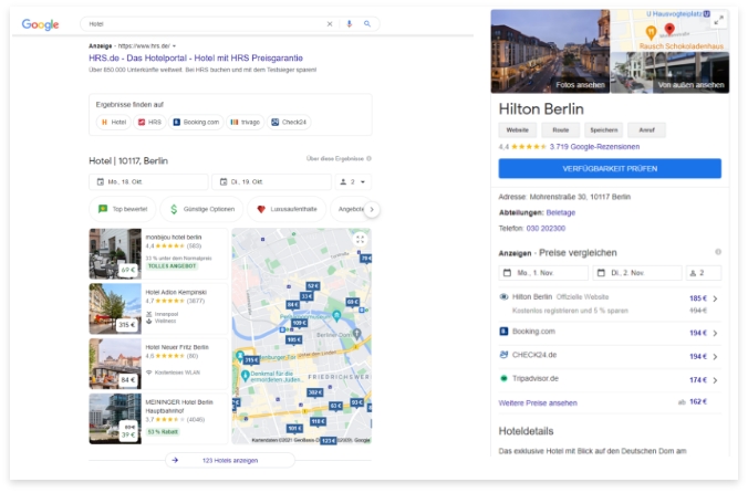Example of Google search results for hotels.